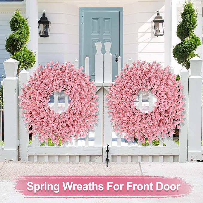 26 Inch Spring Wreaths for Front Door Large Easter Valentines Forsythia Floral Summer Spring Door Wreaths Outdoor All Season Spring Decorations for Home Porch Room Window Wall Farmhouse Decor (Pink-R)