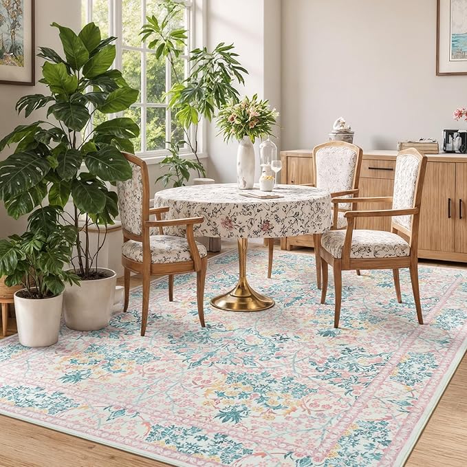 Lessymo Floral Washable Area Rugs 6x9, Soft Pink Rugs for Living Room Bedroom Nursery Dining Room, Vintage Carpet Mat Low Pile Non Slip Stain Resistance Distressed Retro Indoor, Pink Green