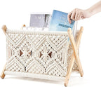 Mkono Macrame Magazine Rack Boho Storage Holder Standing Basket for Books, Newspapers, Swaddle Blanket, Dorm Essentials, Living Room, Bathroom, Office, Nursery, Home Decor, Medium Size, 14”L x 10”W
