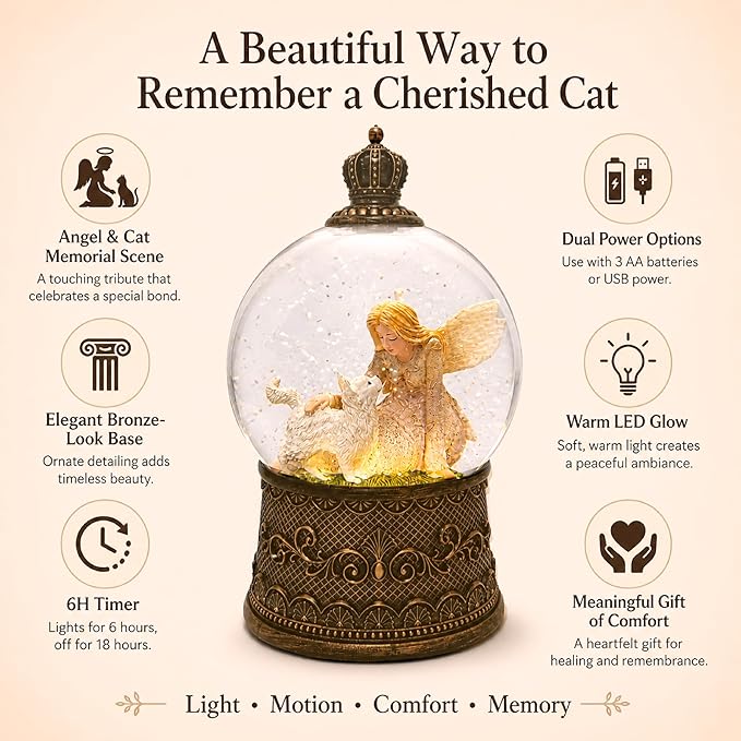 Cat Memorial Gifts for Loss of Cat Sympathy Gift, Snow Globe with Auto Swirling Glitter & 6H Timer, Battery or USB Powered, Cat Remembrance Gifts for Home Decor