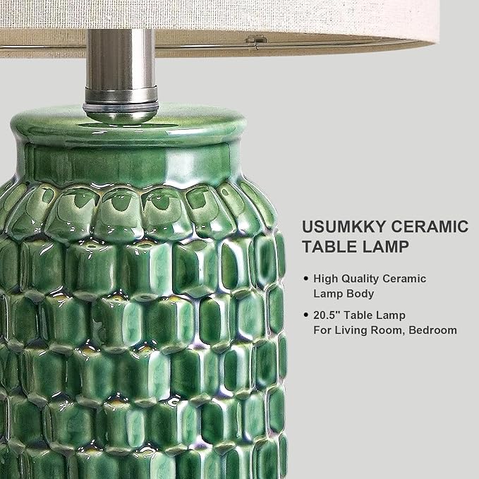 USumkky 20.5" Ceramic Table Lamps Set of 2 - Modern Farmhouse & Boho Style, Bedside Nightstand Lamps for Bedroom, Living Room End Table Lamps, Small Desk Lamp(Green)