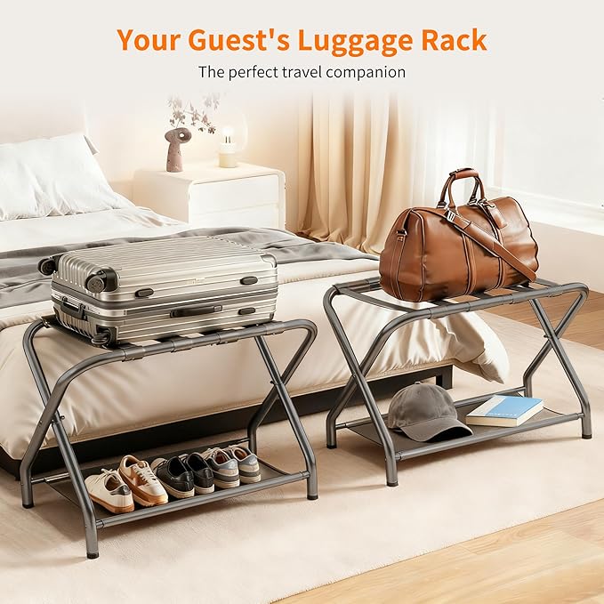 Heybly Luggage Rack for Guest Room, Steel Folding Suitcase Stand with Storage Shelf for Bedroom, Hotel, Foldable Steel Frame, Guest Room Bedroom Hotel, 22.8" L x 11.8" W x 20.9" H, Gray HLR004G1
