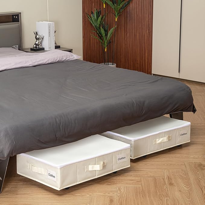 Under Bed Storage with Wheels, Rolling Under Bed Storage Containers with Label Holders for Clothes, Shoes and Blankets, Underbed Storage Organizer with Cover, 2 Pack Beige (23.6x15.7x7.28 in)
