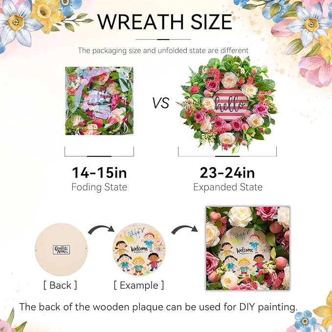 Spring Summer Wreaths for Front Door Outside, 24 Inch Peony & Rose Floral Summer Wreath with Pink Peach Farmhouse Door Decor, Spring Wreaths for Front Door, Spring Door Wreath for Front Door Outside