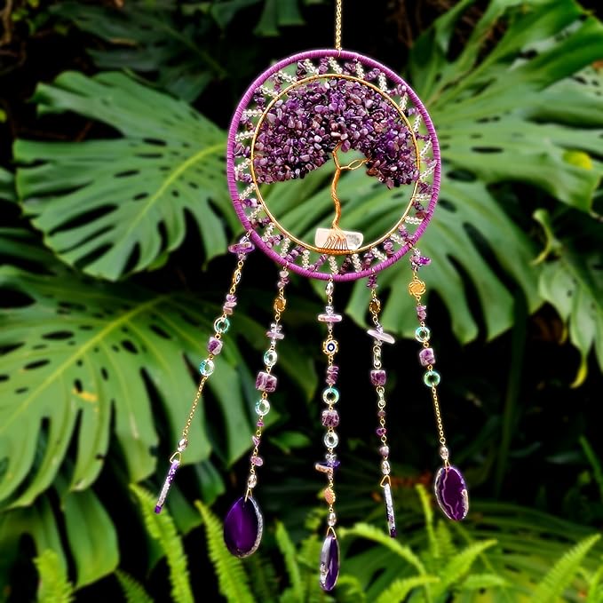 Tree Life Dream Catcher and Sun Catcher, Handmade Healing Crystal Boho Window Hanging for Home Decor, Rainbow Maker Wall Decor, for Women, Housewarming (Purple)