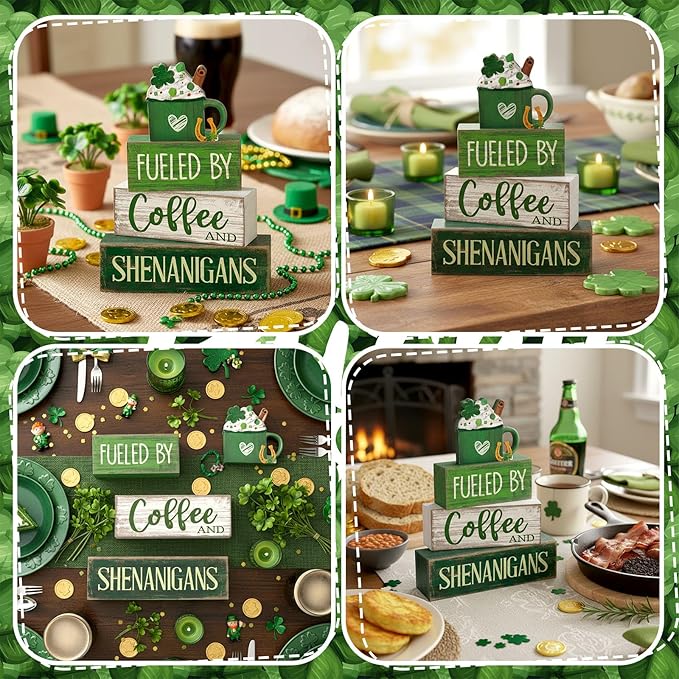 Moucuny 4 Pcs St Patricks Day Table Decoration Wooden Green Ice Cream Cup St. Patrick's Day Tiered Tray Decor Irish Centerpiece Green and White Happy St Patricks Coffee Bar Decor for Home Kitchen