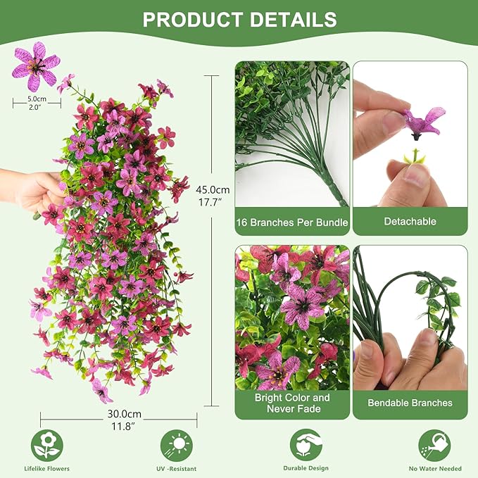 Artificial Hanging Flowers for Outdoors, 2 Pcs Fake Hanging Plant Spring Summer Decoration, UV Resistant No Fade Faux Flower for Porch Patio Yard Window Home Decor(Light Purple Red)