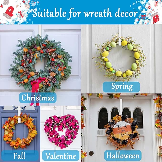 4 Pack 12" &15" Wreath Hangers for Front Door, Over The Door Wreath Hanger Halloween Decorations Wreath Hook for Hanging Christmas Easter Fall Decoration, Welcome Sign Holder (White)