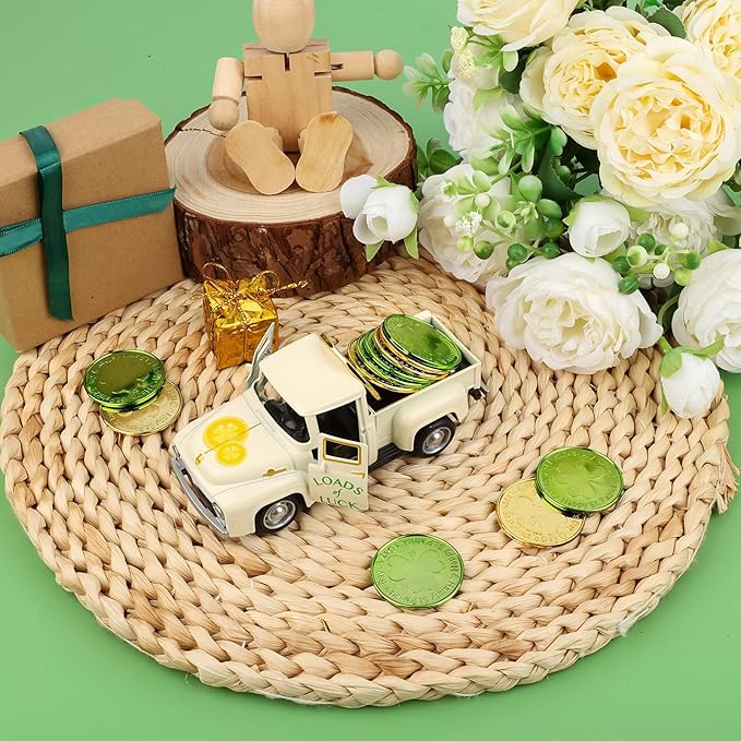 St. Patrick's Day Mini Metal Truck with Plastic Coin Vintage Diecast Pickup Tiered Tray Decor Rustic Farmhouse Shamrock Ornament Truck for St Patrick Home Shelf Table Tiered Tray Decorations