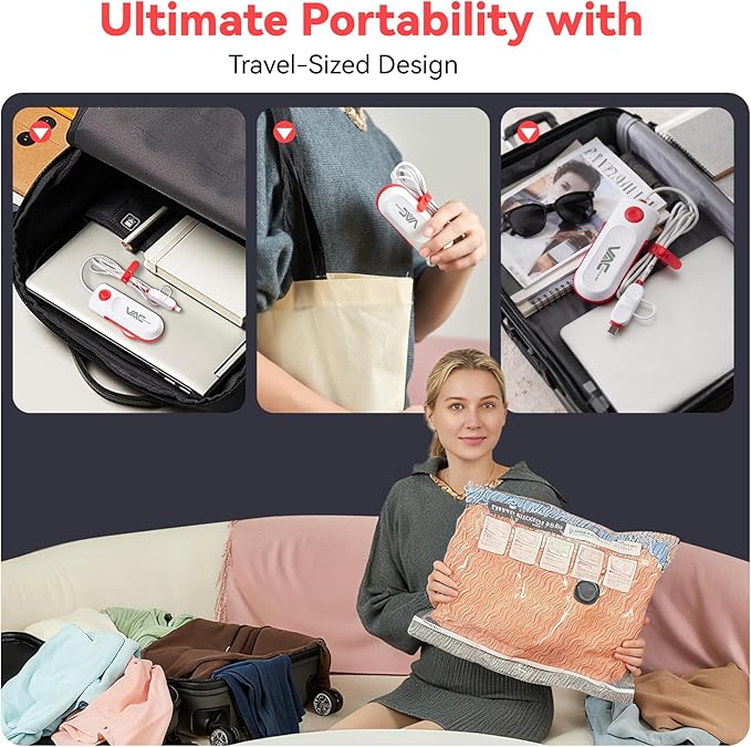 12 Pack Vacuum Travel Bags with Pump for Clothing with USB and TYPE C Pump,Carry-on Size Space Saver vacuum seal bags for clothing Storage Bags for Vacation Cruise（Red）