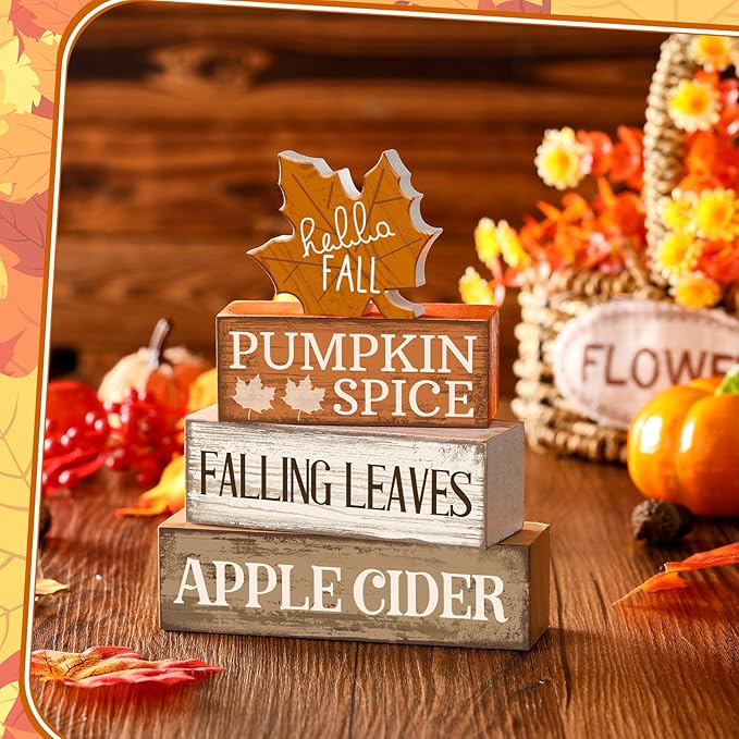 Moucuny 4 Pcs Fall Decor Wooden Maple Leaf Decoration Thanksgiving Tiered Tray Decor Rustic Wooden Maple Leaf Block Sign Thanksgiving Table Centerpiece Farmhouse for Autumn Harvest Party Home Kitchen