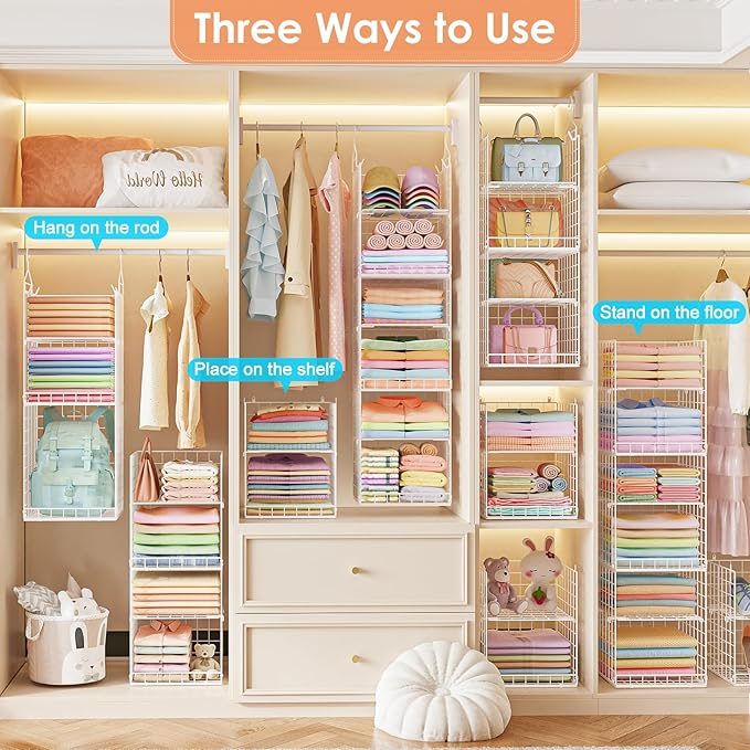 6 Tier Raised-Height Hanging Closet Organizer, Stackable Sweater Organizer for Closet, Wire Storage Basket Bins for Clothes Purse Shoes, Hanging Shelves with 4 Hooks & 3 Dividers Adjustable