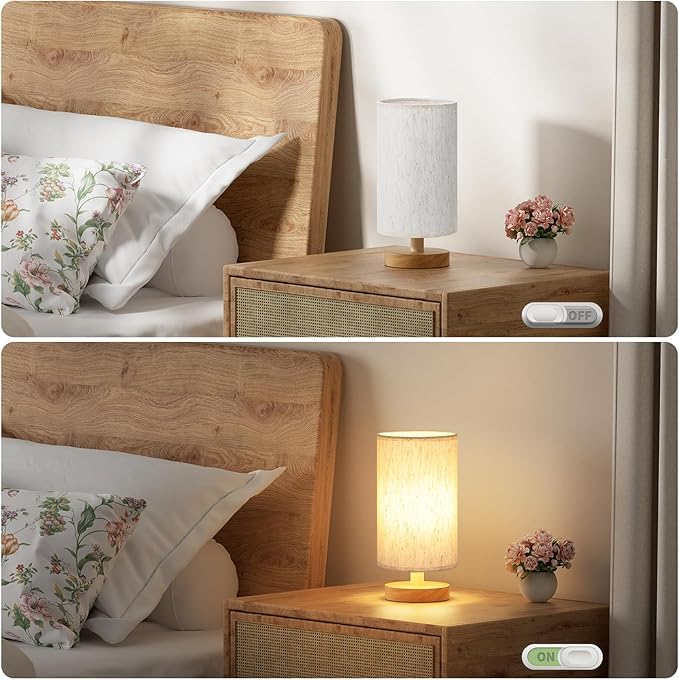 Fenmzee Small Lamps Set of 2 - Inline Control, Bedside Table Lamp for Bedroom with 3000K A15 LED Blub, Easy Assembly (Cream Shade - Wood Base Set of 2, 9" Inline Control)