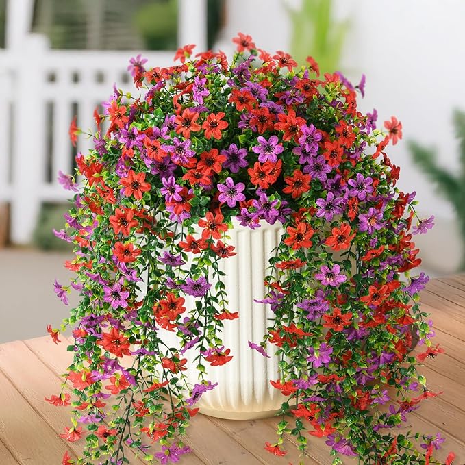 Artificial Hanging Flowers Plants for Outdoor Spring Decoration,2 PCS Faux Silk Daisy with Eucalyptus Leaves,UV Resistant Look Real for Outside Home Indoor Planter Porch Patio Balcony Yard Decor