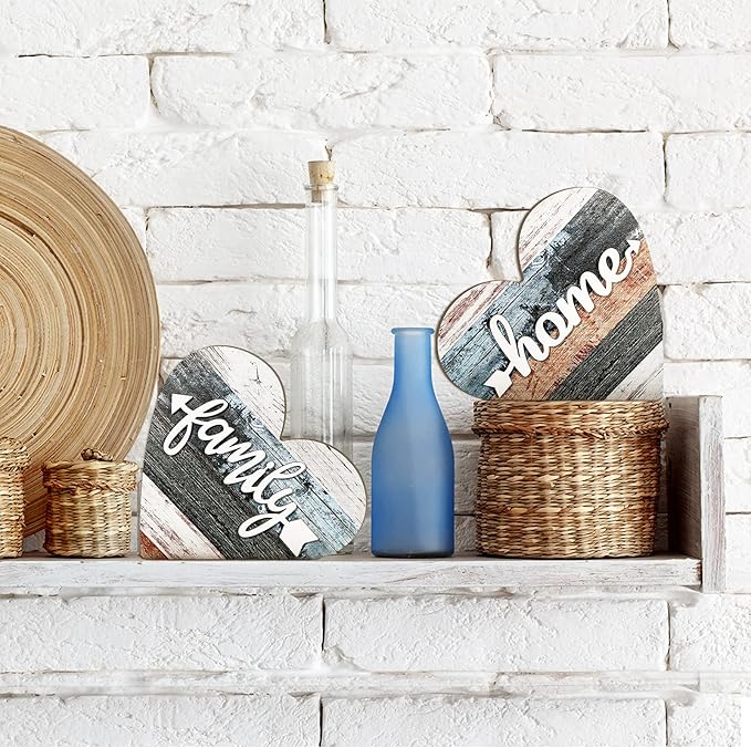 Jetec 2 Pcs Rustic Decorations for Living Room Home Shelf Mantel Entryway Table, Farmhouse Knick Knacks Christian Table Centerpiece Wooden Heart Decor for Dining Room Housewarming Gift(Simple Style)