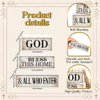 Moucuny 4 Pcs Christian Table Decor Rustic Wooden Block Sign Set with God Bless This Home & All Who Enter Farmhouse Stacked Decor with Beaded Garland Tassel Christian Home Decors for Office, Shelf