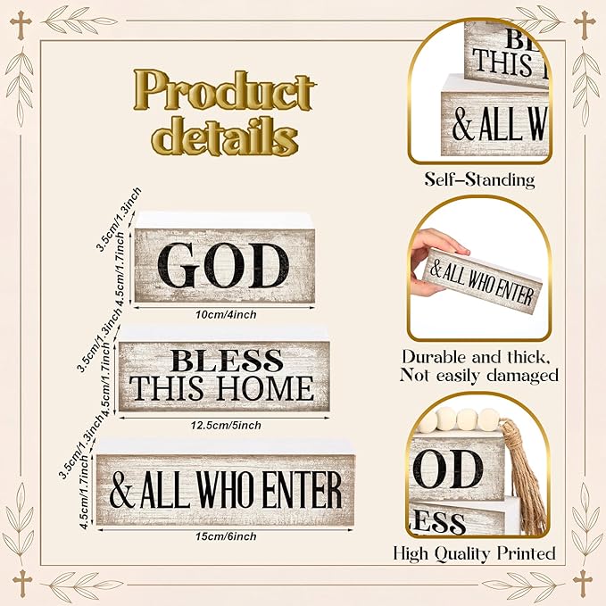 Moucuny 4 Pcs Christian Table Decor Rustic Wooden Block Sign Set with God Bless This Home & All Who Enter Farmhouse Stacked Decor with Beaded Garland Tassel Christian Home Decors for Office, Shelf