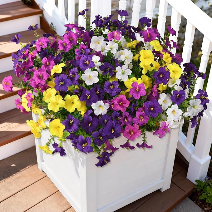 INQCMY Artificial Fake Flowers for Outdoor Spring Decoration,12 Bundles Faux Silk Colorful Morning Glory with Eucalyptus UV Resistant Realistic Fake Plants for Outside Planter Porch Patio Yard Garden