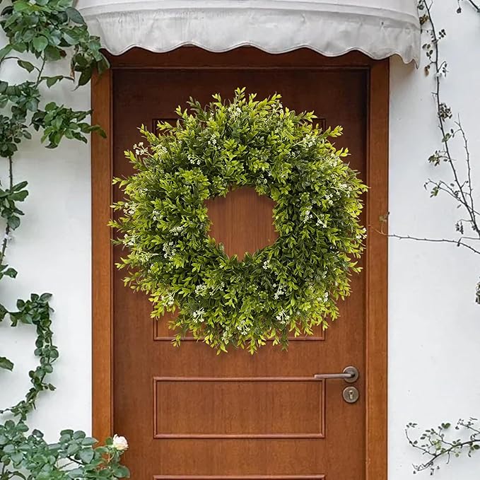28'' Large Boxwood Wreath for Front Door Porch Window Artificial Boxwood Leaves with White Seed Greenery Outdoor Indoor Wreath for Home Farmhouse Wall Decor Spring Summer Fall All Seasons (Green)