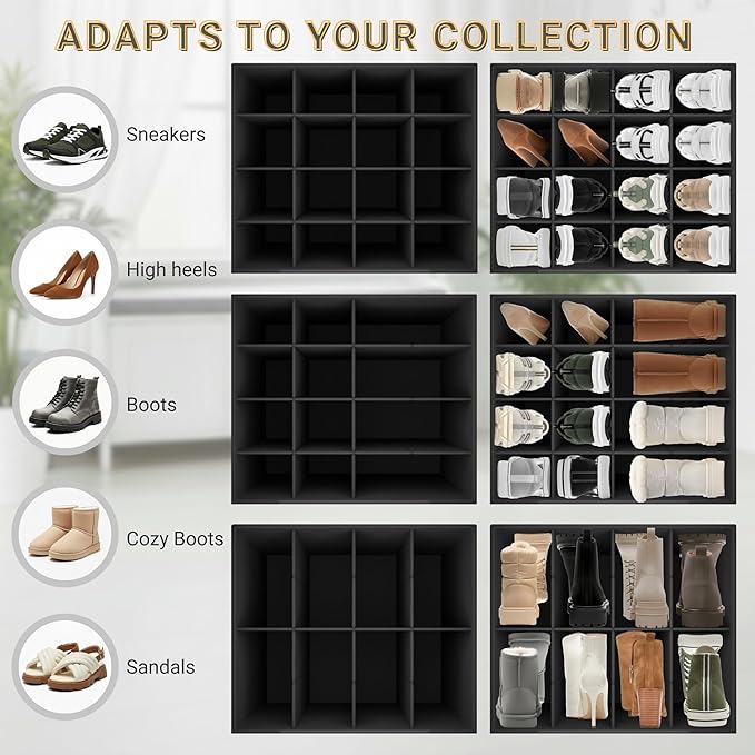2 Pack Shoe Organizer for Closet, Foldable Fabric Shoe Storage Box with Adjustable Dividers and Clear Dustproof Cover, Large Collapsible Shoe Bins & Containers, Holds up to 32 Pairs, Gray