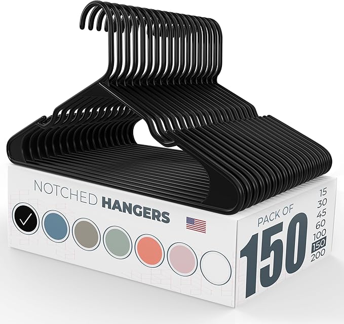 Neaties Plastic Hangers 100+ Pack (150 Count) – Made in The USA – 6lb Capacity Standard Clothes Hangers with Notches and Reinforced Edges for Dresses, Lingerie, Shirts, Pants, and Jackets – Black