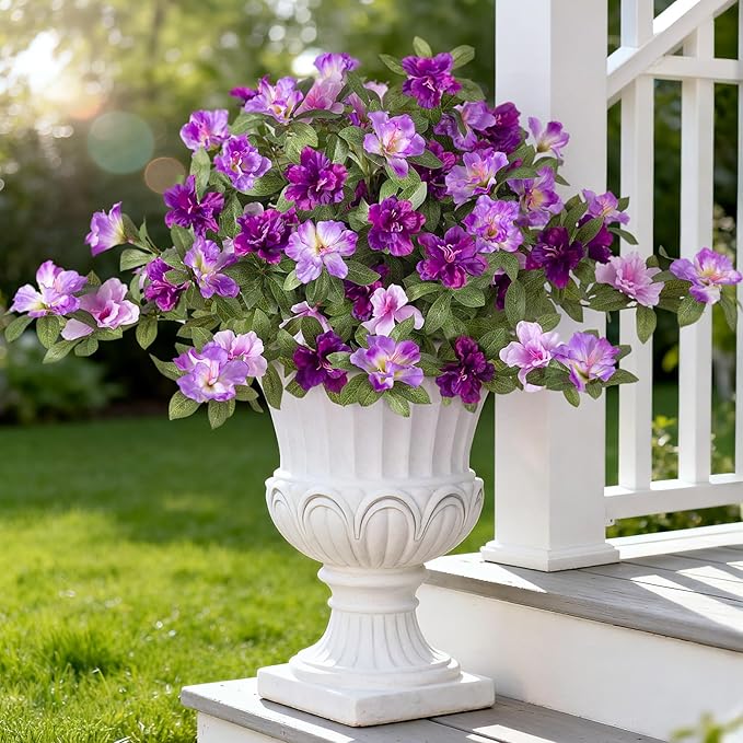 Artificial Fake Azalea Flowers for Outdoor Spring Decoration, Faux Silk Flower for Summer UV Resistant Look Real Plants for Garden Yard Porch Walkway Indoor Decor, 2PCS