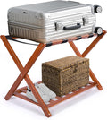 Whitmor Bamboo Luggage Rack with Bottom Shelf, Foldable Suitcase Stand, Heavy Duty Storage Shelf, 5 Nylon Straps & X-shaped Frame, Fully Assembled Walnut Luggage Holder for Guest Room, Bedroom, Hotel