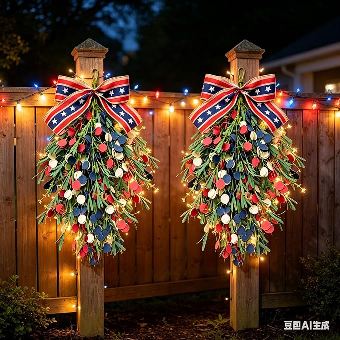 2 Pack 20'' Patriotic Swag Wreaths for Cabinets Artificial 4th of July Teardrop Wreath with Red White Blue Circular and Green Leaves for Independence Day Memorial Day Front Door Porch Window Wall