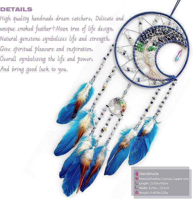 Tree of Life Dream Catchers, Handmade Woven Rainbow Healing Crystal Stone Dream Catcher Wall Hanging Ornament for Bedroom Living Room Wedding Party Decor, Festival Blessing Gift (Blue Moon)