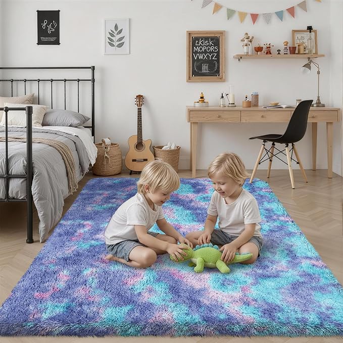 6x9 Area Rugs for Living Room Bedroom: Ultra Soft Fluffy Shag Rug Upgrade Non-Slip Non-Shedding Large Fuzzy Plush Carpet Indoor Floor Carpets for Kids Room Playroom Nursery Dorms Home Rainbow Purple