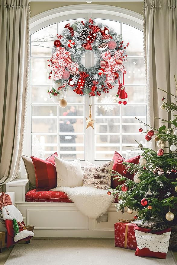 24" Artificial Christmas Wreath with Red Candy Accents, Double Ribbon Bows, Pine Cones & Ornaments, White Cedar Base for Christmas Thanksgiving Winter Holiday Front Door and Wall Decoration