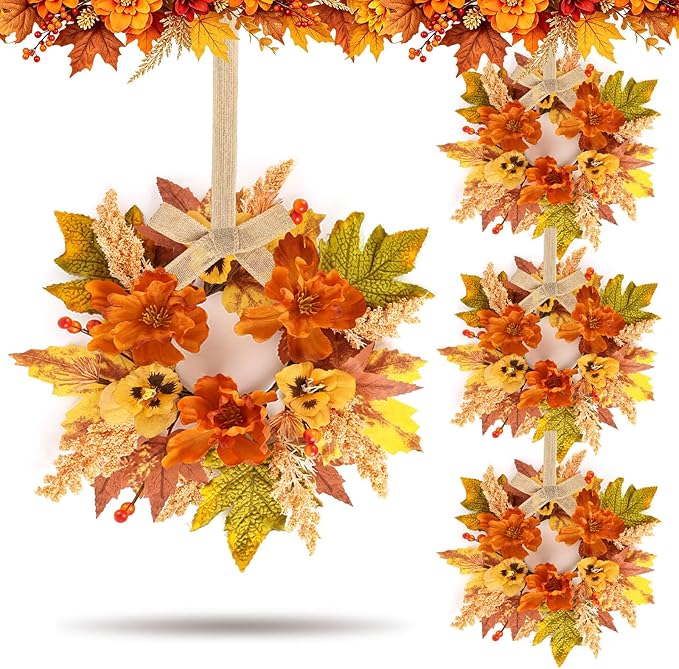 4 Pcs Fall Floral Swags Wreaths Mini Autumn Artificial Candle Rings Wreaths with Berries 3 inch Farmhouse Cabinets Hanging Wreath for Pillar Front Door Porch Wall Window Decoration