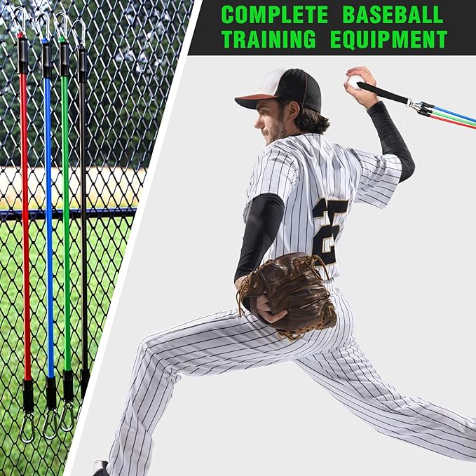 TOBWOLF 4PCS Baseball Exercise Bands with Interchangeable Grips, Baseball Resistance Trainer for Pitching & Throwing, Training Aid for Baseball Softball Pitchers to Build Arm Strength, Warm-Up