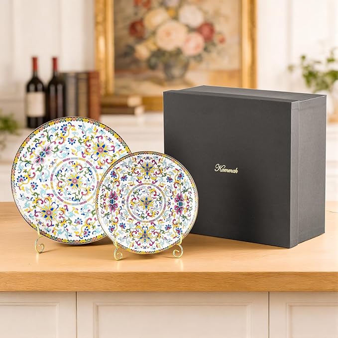 KAMMAK Decorative Plates Set for Display, White Ceramic Plate Decor with Stand, Handmade Vintage Porcelain Ornament for Table, Living Room, Kitchen, Office, Perfect Chinese Style Dish Gift (8in+10in)