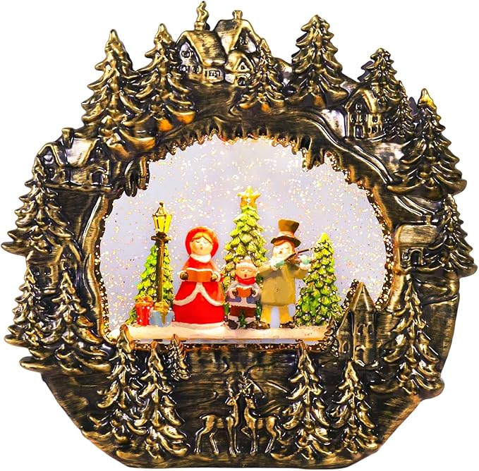 Christmas Snow Globe Lantern Water Glittering Globe with Caroling Family 8 Music Songs & 6H Timer Christmas Snow Globes USB & Battery Operated for Christmas Festival Decorations Gifts (Bridge-Family)