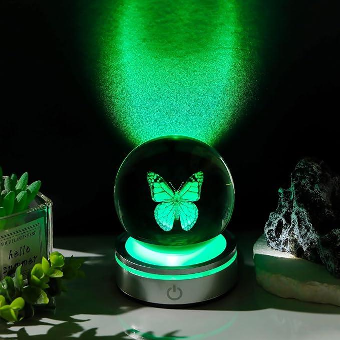 Movdyka 3D Crystal Ball Figurine Butterfly Gifts for Women Men Decorations Night Light, Laser Engraved Butterfly Ornament Glass Snow Globe Room Art Decor Crafts