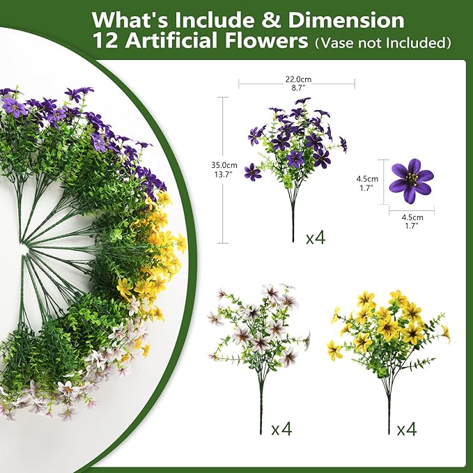 Artificial Flowers for Outdoor Faux Flower Spring Decoration, 12 Bundles Fake Plants Silk Daisy Bulk UV Resistant Realistic for Outside Porch Patio Balcony Planter Yard Garden Home Decor(Mixed 3)