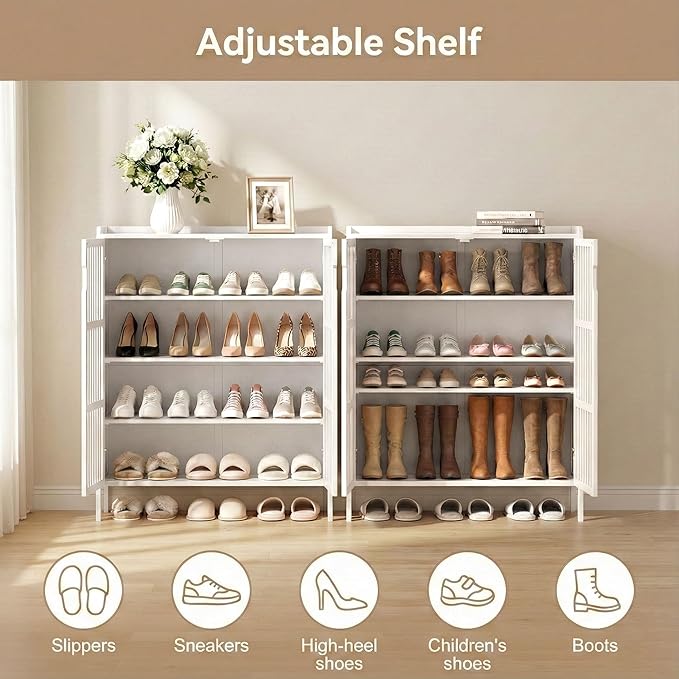 Shoe Cabinet with Doors Bamboo 5 Tiers Shoe Storage Cabinet for Entryway, 25 Pairs Wooden Shoe Cabinets, Modern Shoe Organizer Storage for Living Room, Bedroom, Hallway, Closet (White)