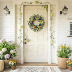 Idyllic 26 Inch Spring Summer Wreath for Front Door - Blue Green Hydrangea Wreath with Orange Berries and White Flowers, Foldable Base for Indoor Outdoor Decor