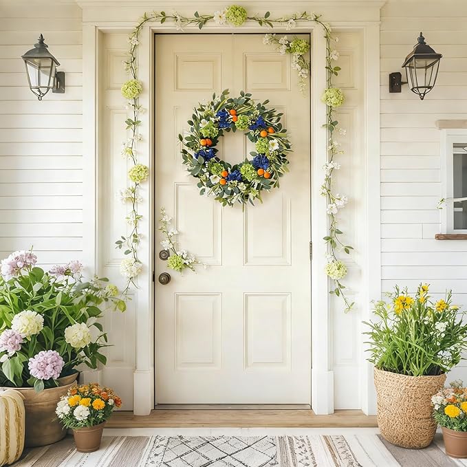 Idyllic 26 Inch Spring Summer Wreath for Front Door - Blue Green Hydrangea Wreath with Orange Berries and White Flowers, Foldable Base for Indoor Outdoor Decor