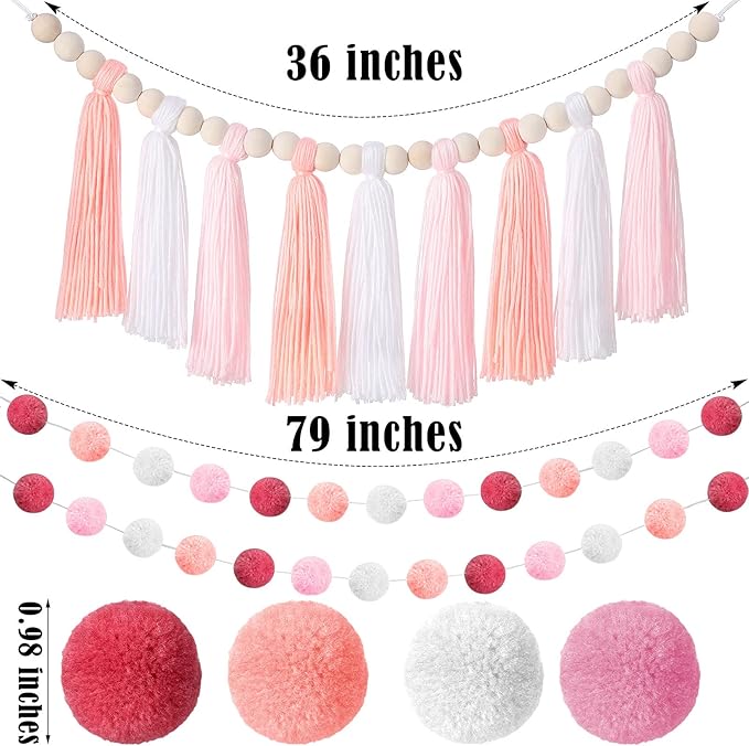 Syhood 3 Pcs Boho Tassel Garland Wall Hanging Decor 1 Boho Tassel Garland with Wood Beads and 2 Western Colorful Pom Pom Ball for Classroom Party Wedding Baby Shower Home Decorations(Vivid Colors)