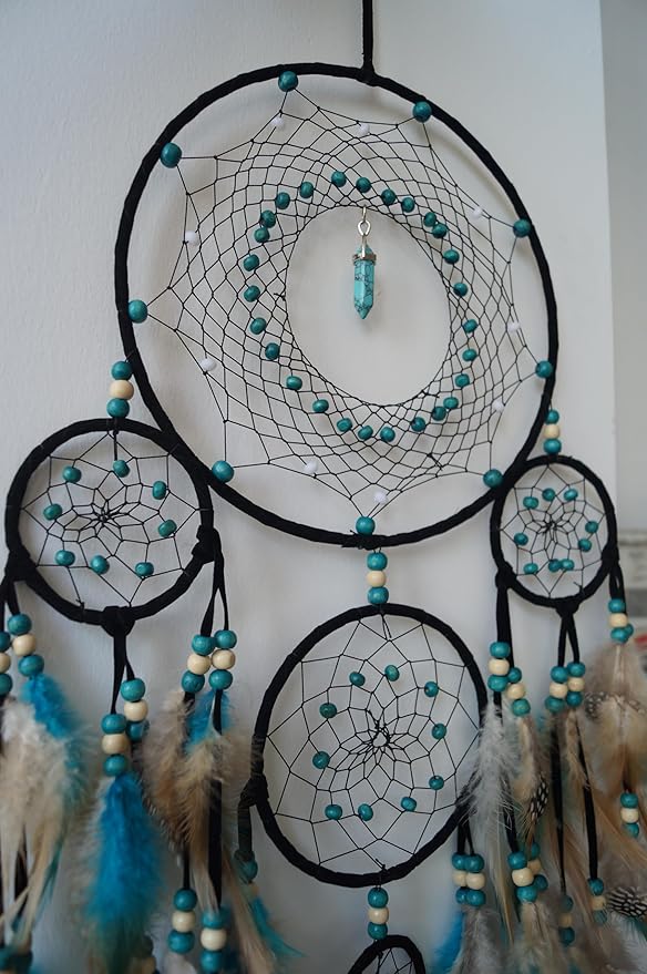 Bohemian 5 Rings Turquoise Dream Catchers with Turquoise Pendant Handmade Native American Style Wall Hanging Decor for Bedroom, Living Room, Boho Home Decor & Gift(Black 5 Rings)