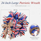 250th Anniversary Patriotic Wreaths for Front Door, 24 Inch Large Full Layered & Pre-Lit Design 4th of July Decorations with Burlap Bow, Red White and Blue Ribbon Wreath for Memorial Day