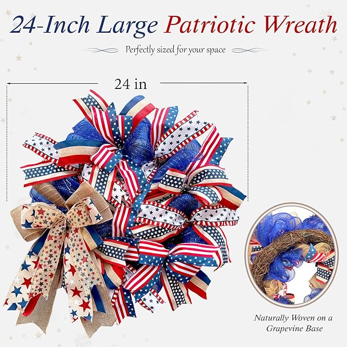 250th Anniversary Patriotic Wreaths for Front Door, 24 Inch Large Full Layered & Pre-Lit Design 4th of July Decorations with Burlap Bow, Red White and Blue Ribbon Wreath for Memorial Day