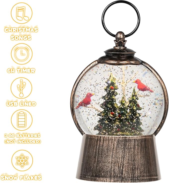 Christmas Snow Globe Lantern with Swirling Glitter Christmas Decorations Indoor, Cardinals & Christmas Tree Lighted Musical Snow Globes USB Powered & Battery Operated Lantern for Holiday Decor