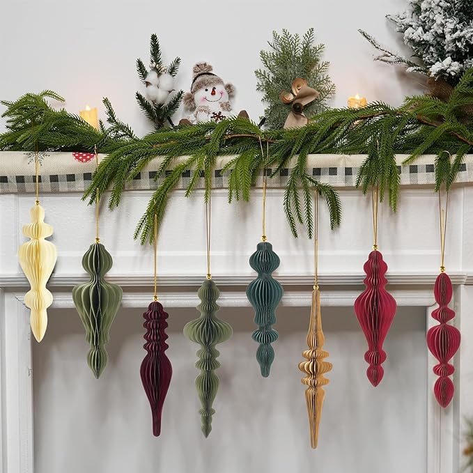 12Pcs Finial Christmas Ornaments for Tree, 3D Paper Honeycomb Hanging Decorations Neutral Boho Christmas Honeycomb Ornaments Lanterns for Xmas Tree Winter Wedding New Year Holiday Party Home Decor