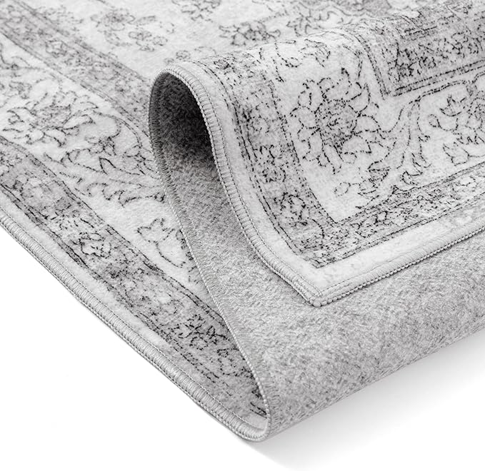 Gray Area Rug 9x12 Washable Living Room Carpet Vintage Non Slip Soft Bedroom Indoor Office Retro Grey Low Pile Thin Oriental Medallion Large Rug for Dining Room Bathroom Playroom