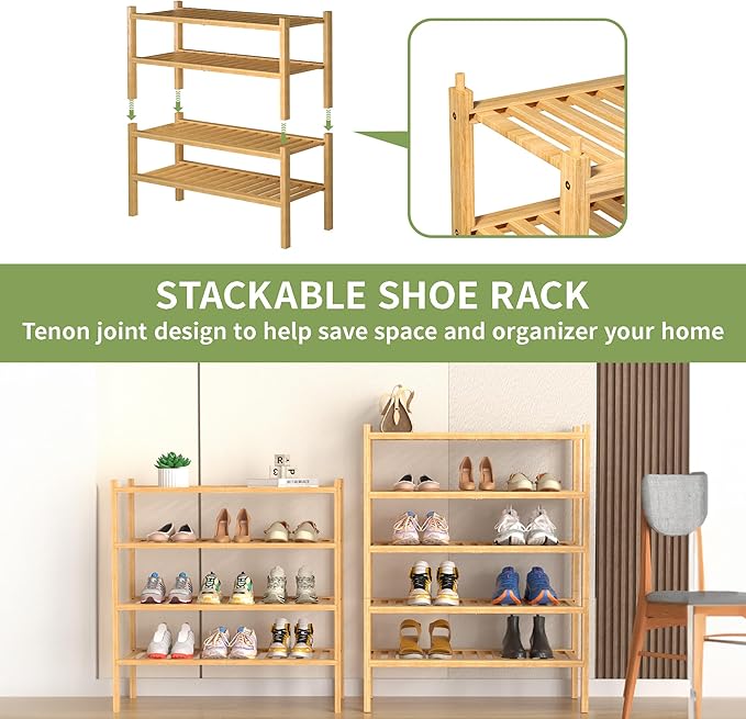 4 Tier (Thick) Bamboo Shoe Rack for Closet Free Standing Wood Shoe Shelf for Entryway Small Space Stackable 27"x12"x28" (Natural)