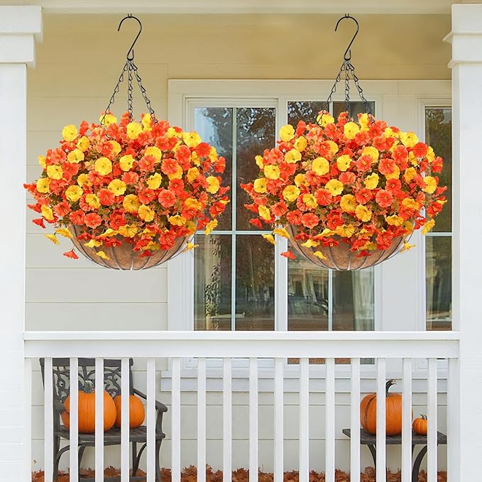 MARTINE MALL 12 Bundles Artificial Fall Mums Flowers for Outdoors, Faux Mums for Outdoor Planters, UV Resistant Fall Flowers Artificial for Outdoors Front Porch (Orange & Yellow)