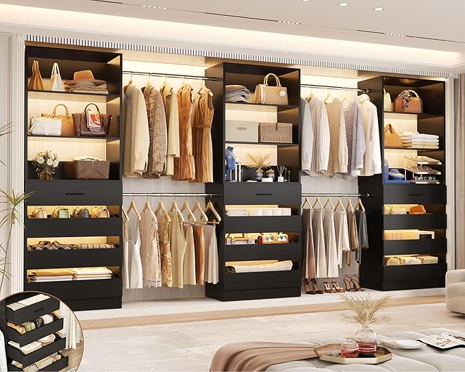Aheaplus Closet System with 12 Drawers, 8.5-11.5Ft Wood Closet Organizer System with 4 Hanging Rods & 3 Towers, 4Ft & 6Ft L-Shaped Walk-in Closets Wardrobe Organizer Clothes Rack, Set of 3, Black1